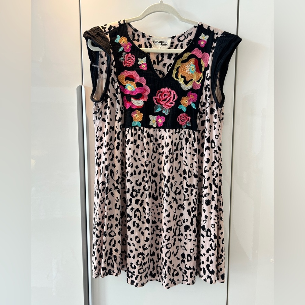 Savannah Jane Small Pink Leopard Floral Embroidered Dress